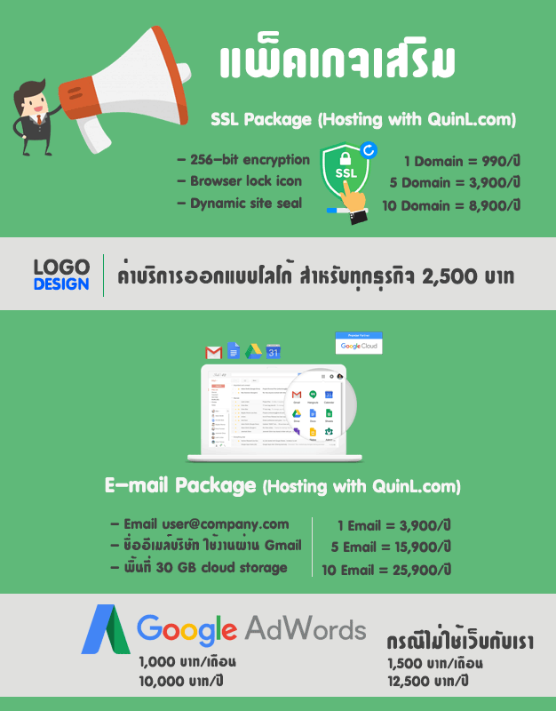 แพ็คเกจเสริมโฆษณา ราคา Google Adwords, ราคา E-mail บริษัท, ราคา SSL, ราคา Logo Design